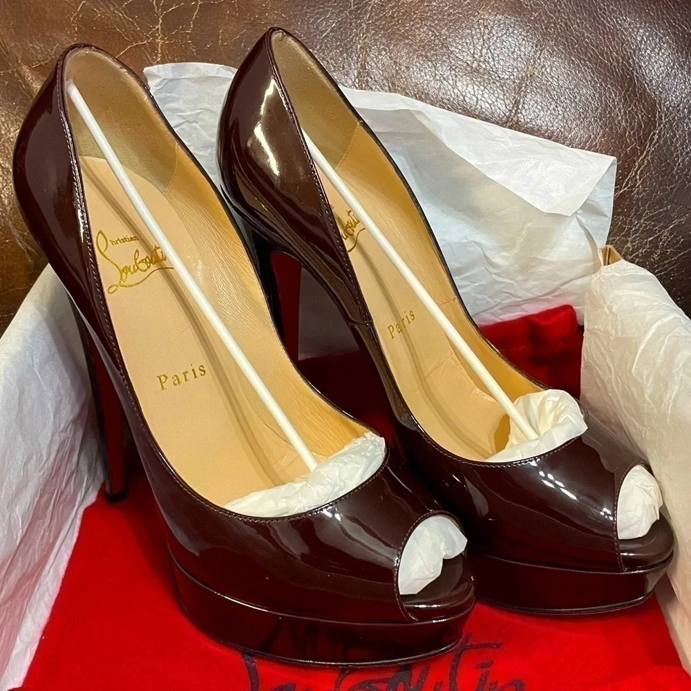 Christian Louboutin burgundy brown patent 150mm Lady Peep, peep toe pump…